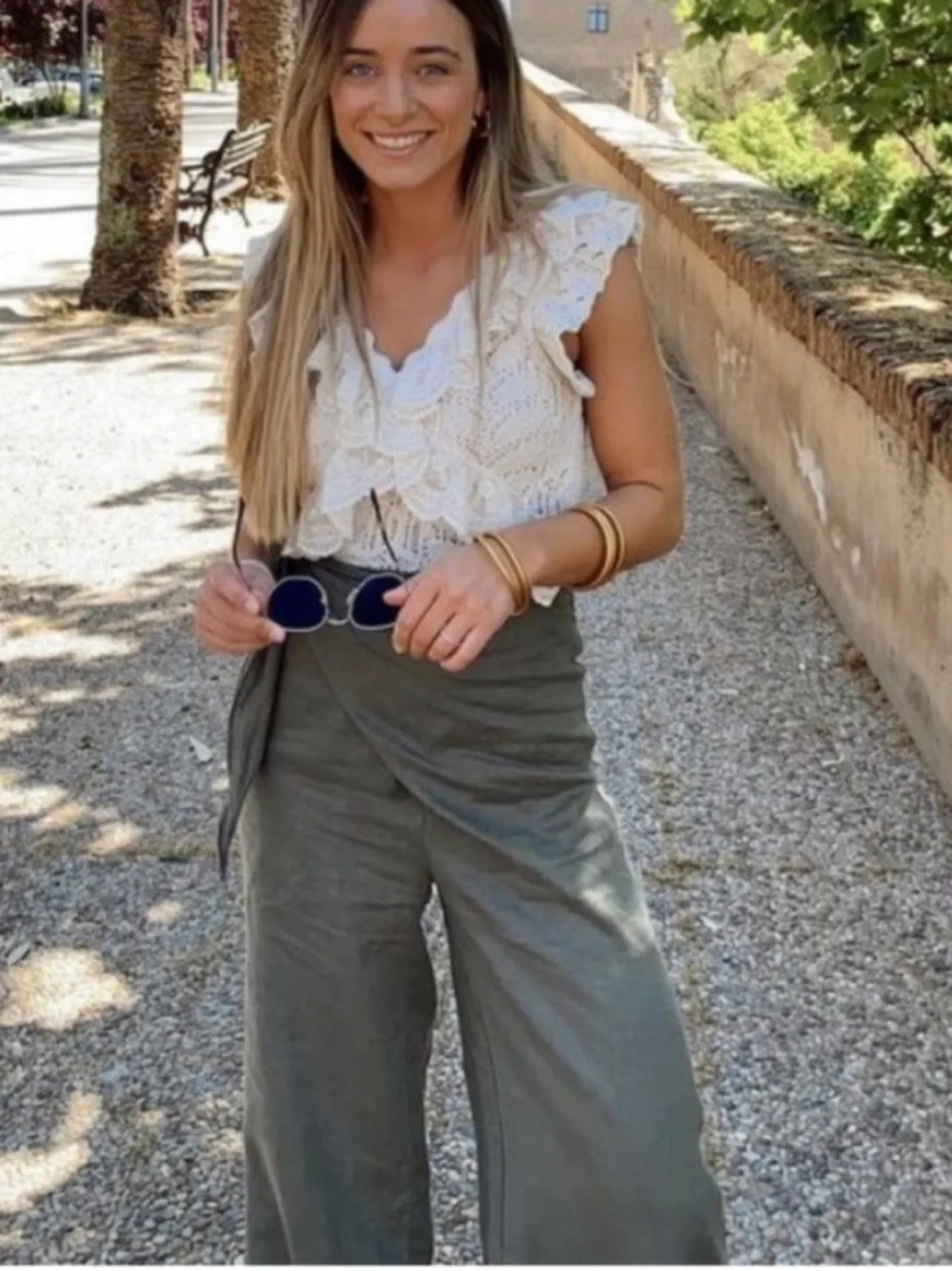 Zara Olive Green Linen Pareo Wide-Leg Pants